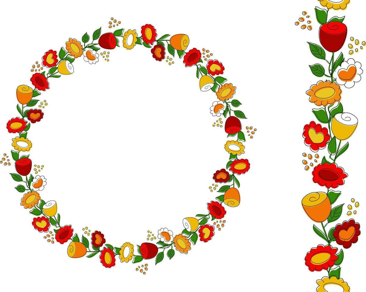 Illustration of a wreath and a seamless brush of colorful bright flowers. Doodle style vector