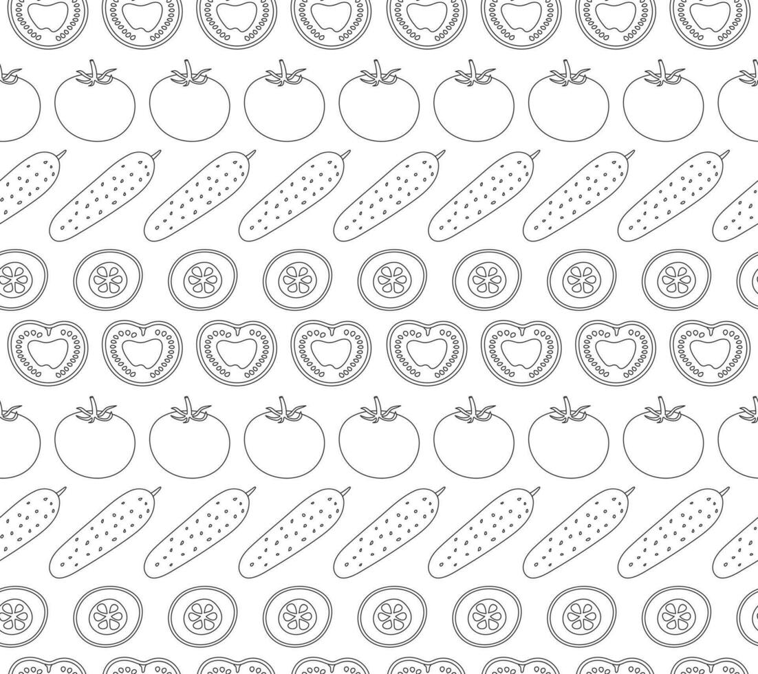 Seamless pattern of contour vegetables - tomatoes and cucumbers. Tomato halves and cucumber pieces. Vector illustration