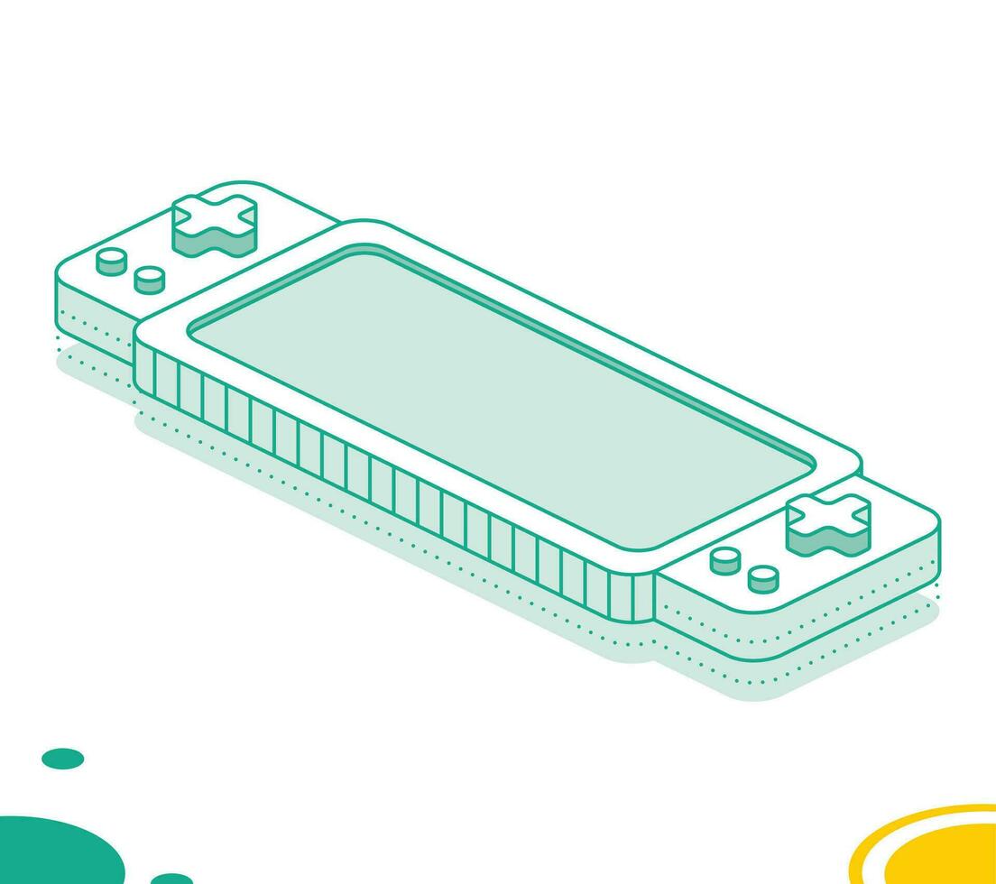 Isometric portable handheld retro gaming console. Outline concept. Object isolated on white background. vector