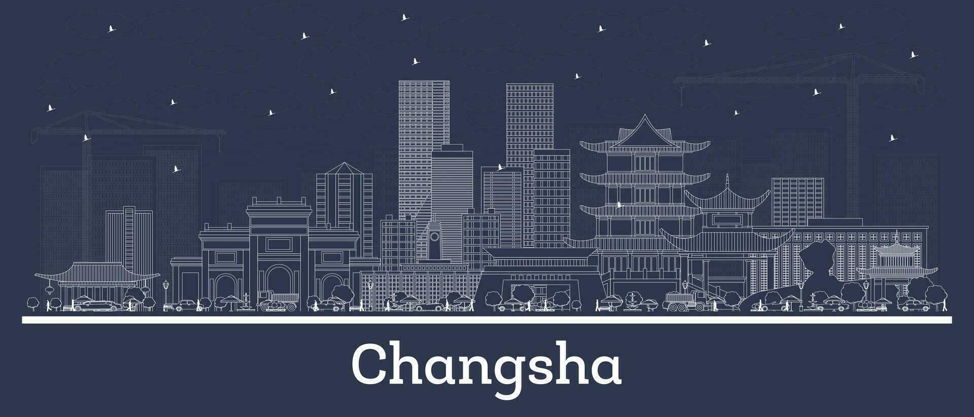 Outline Changsha China city skyline with white buildings. Business travel and tourism concept with historic architecture. Changsha cityscape with landmarks. vector