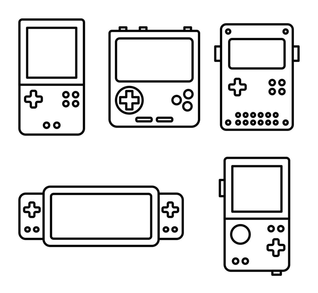 portátil Mano retro juego de azar consola. contorno íconos colocar. objeto aislado en blanco antecedentes. vector