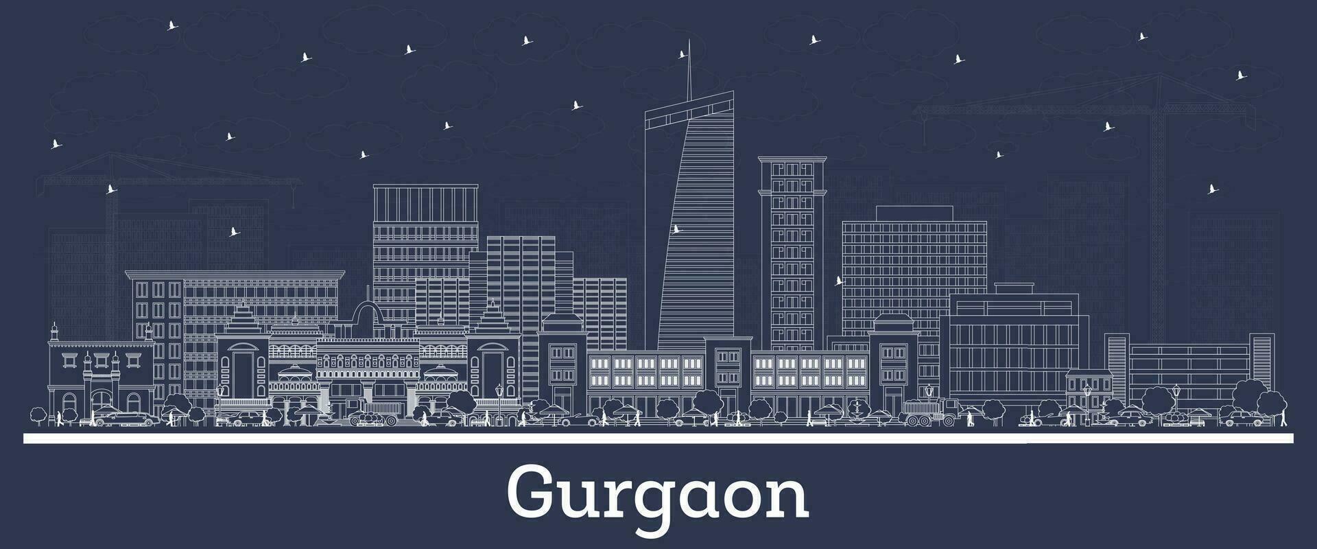 Outline Gurgaon India city skyline with white buildings. Business travel and tourism concept with historic architecture. Gurgaon cityscape with landmarks. vector