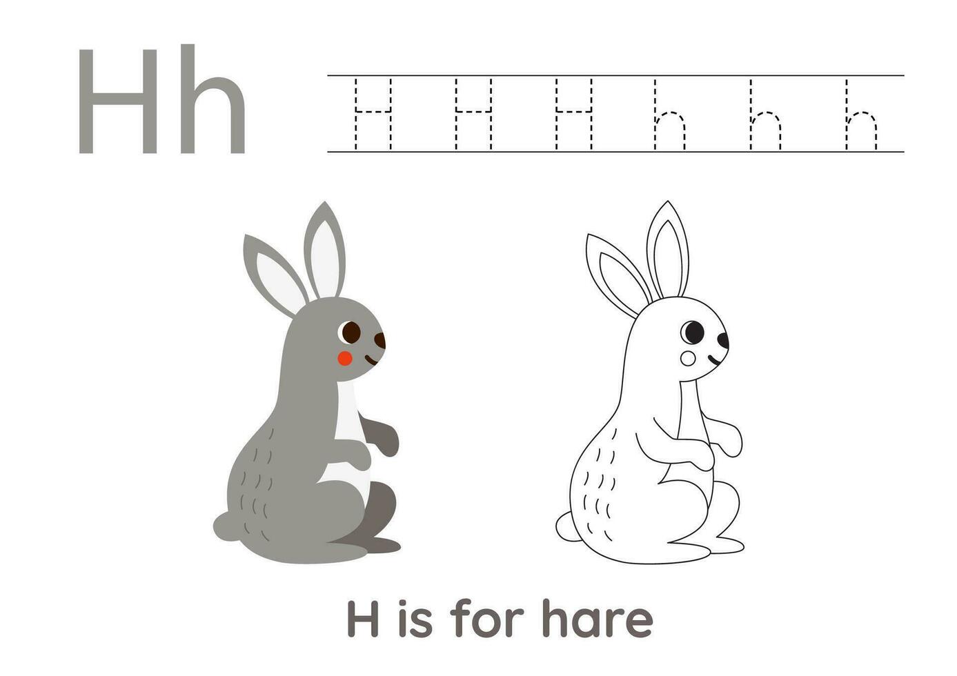 Tracing alphabet letters with cute animals. Color cute hare. Trace letter H. vector