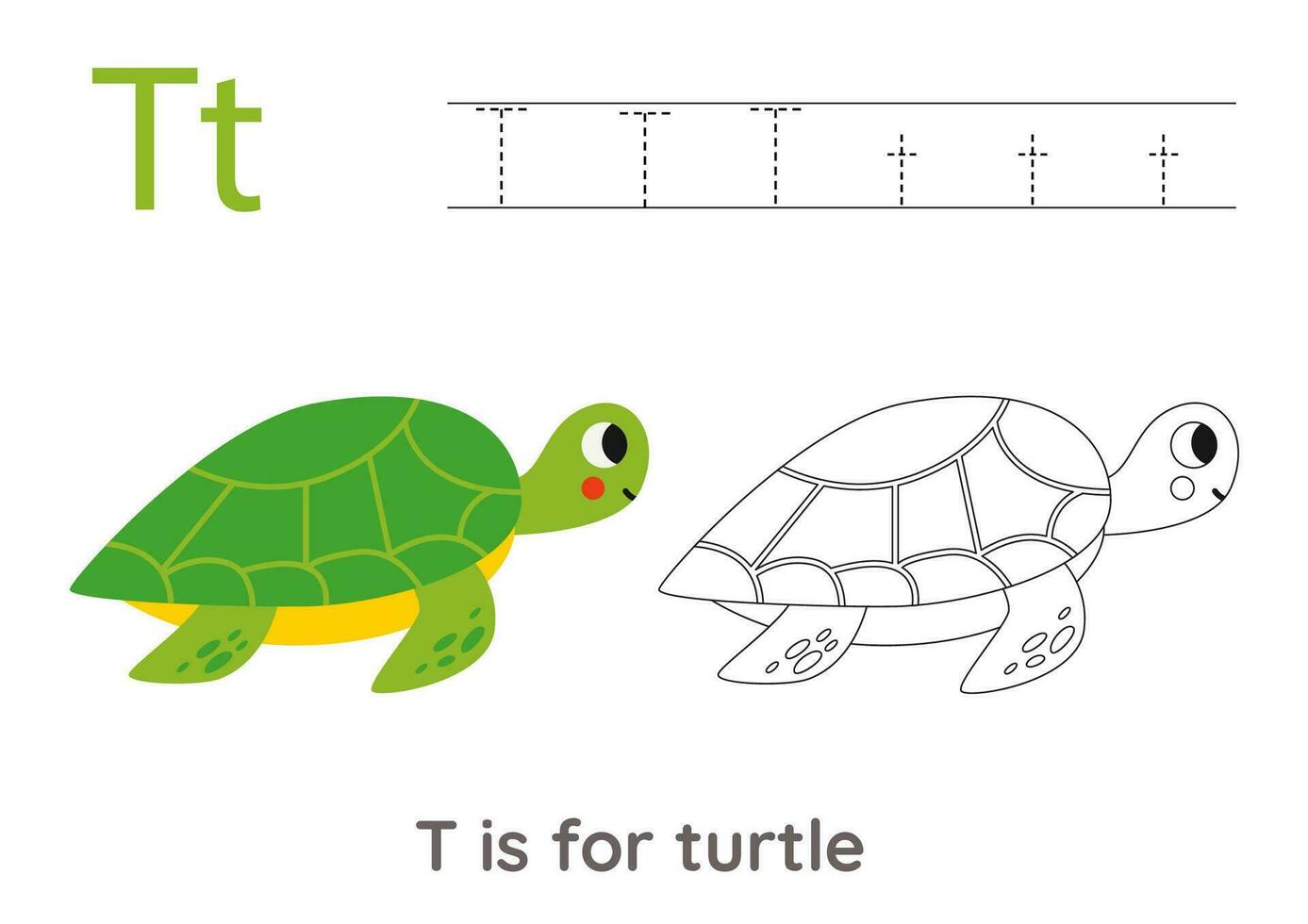 Tracing alphabet letters with cute animals. Color cute green turtle. Trace letter T. vector