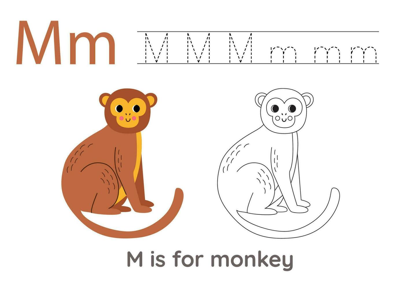 Tracing alphabet letters with cute animals. Color cute monkey. Trace letter M. vector