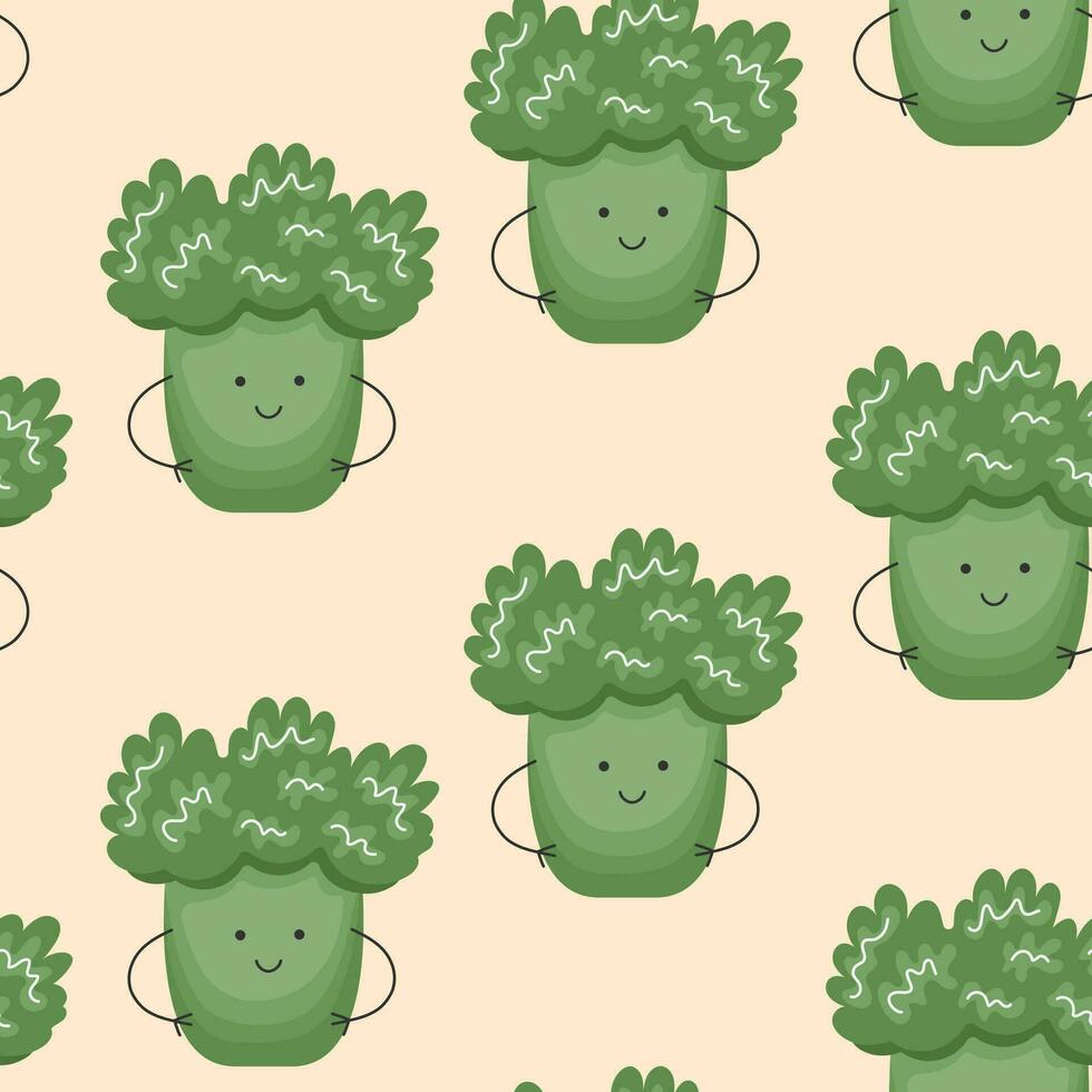 Vector Seamless Pattern with Cute Cartoon Funny Broccoli. Children Healthy Nutrition Concept. Baby Vegetable Characters