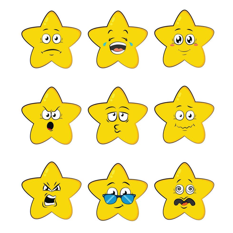set yellow star face emotion funny vector design