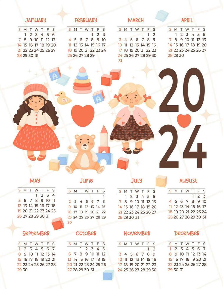 niños anual calendario 2024 linda niños juguetes, niña muñeca, felpa juguetes en dibujos animados estilo en blanco antecedentes. vector vertical modelo 12 meses en inglés. semana en domingo. papelería, imprimir, organizador.