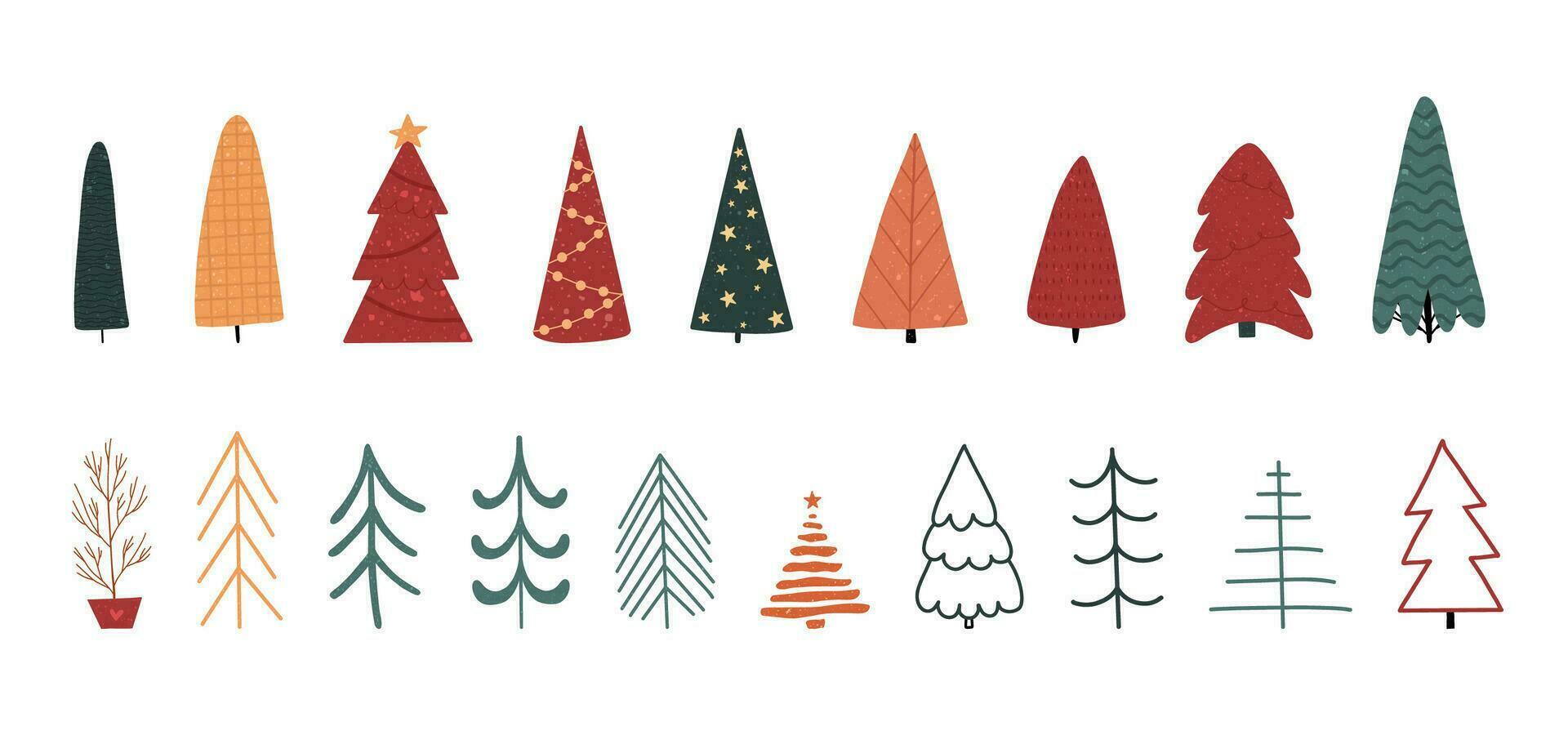 Vector set of Christmas trees. Merry Christmas. Happy New Year. Holiday poster with Christmas symbols. Isolated on white.