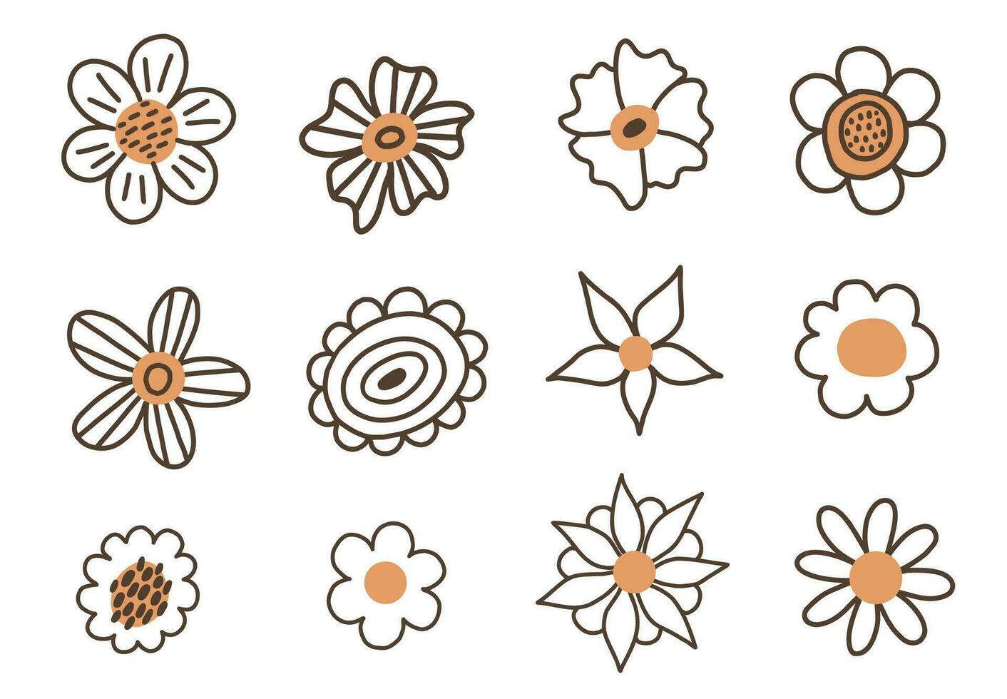 Floral set in black and white and color accent. Doodle flowers and leaves. Cute hand drawn flowers vector