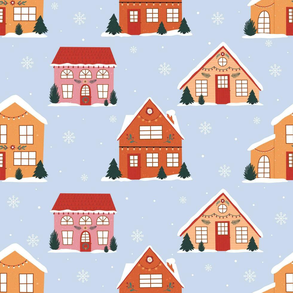 Christmas seamless pattern with doodle style houses vector
