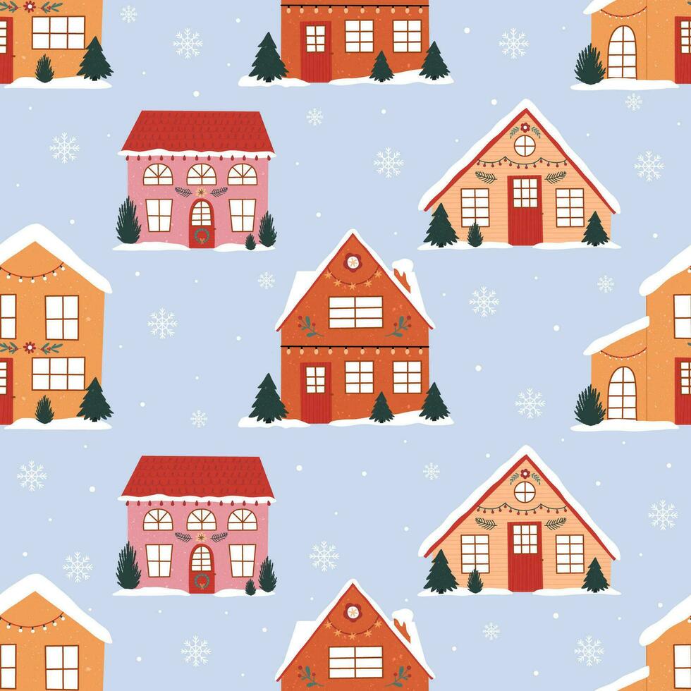 Navidad de patrones sin fisuras con casas de estilo doodle vector