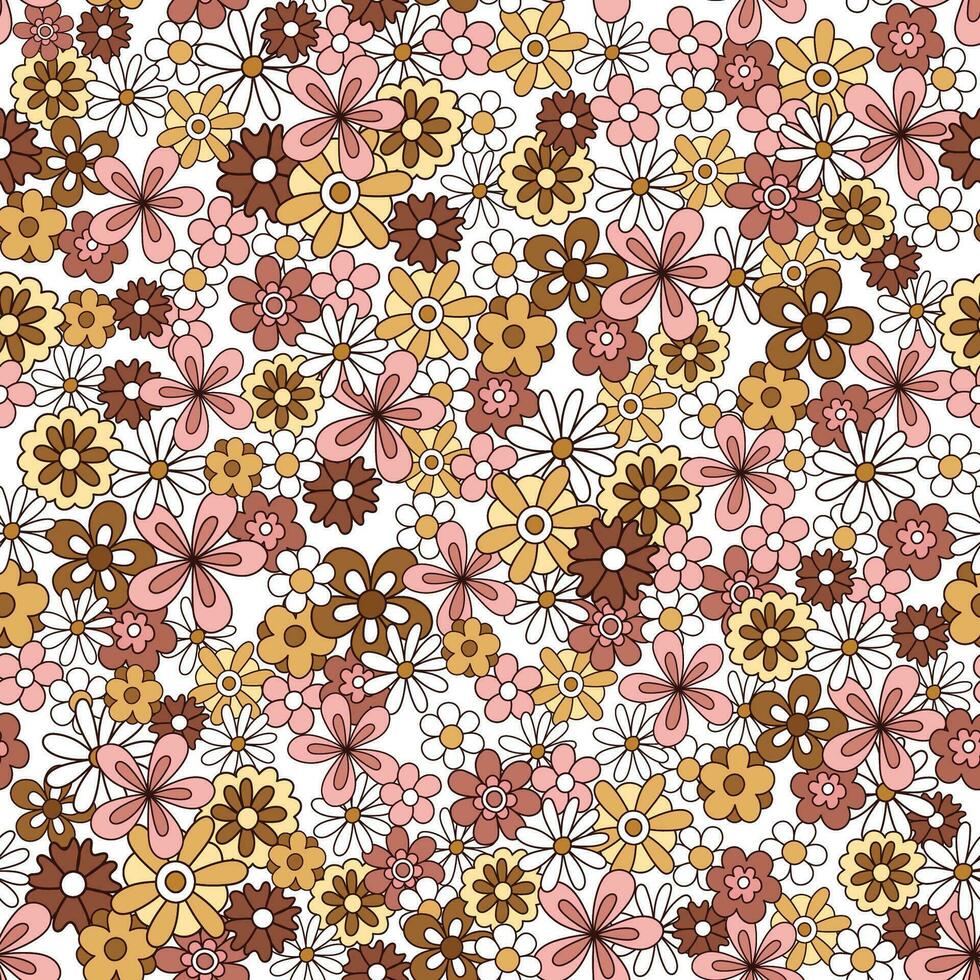 Vector retro floral seamless pattern in doodle style with cute flowers