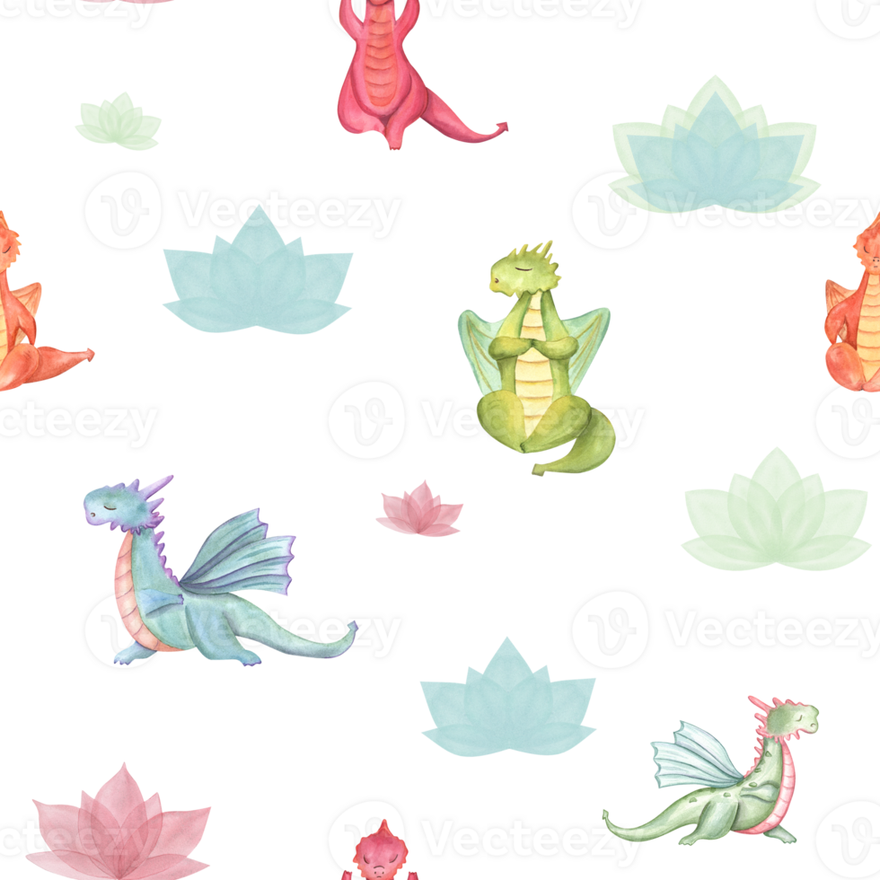 Seamless pattern of colored Dragons in various poses of yoga. Abstract blue, green, red waterlily flower. Animals sitting in lotus pose and practicing fitness exercises. Yoga. Watercolor illustration png