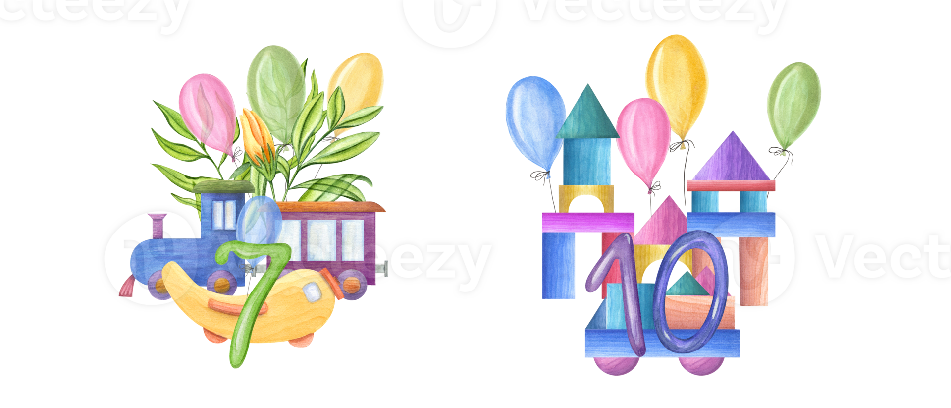 Towers, truck made of blocks, wooden building bricks. Blue steam locomotive with carriage, cars, yellow airplane. Numbers 7, 10, multicolored balloons. Wooden Toys. Watercolor illustration png