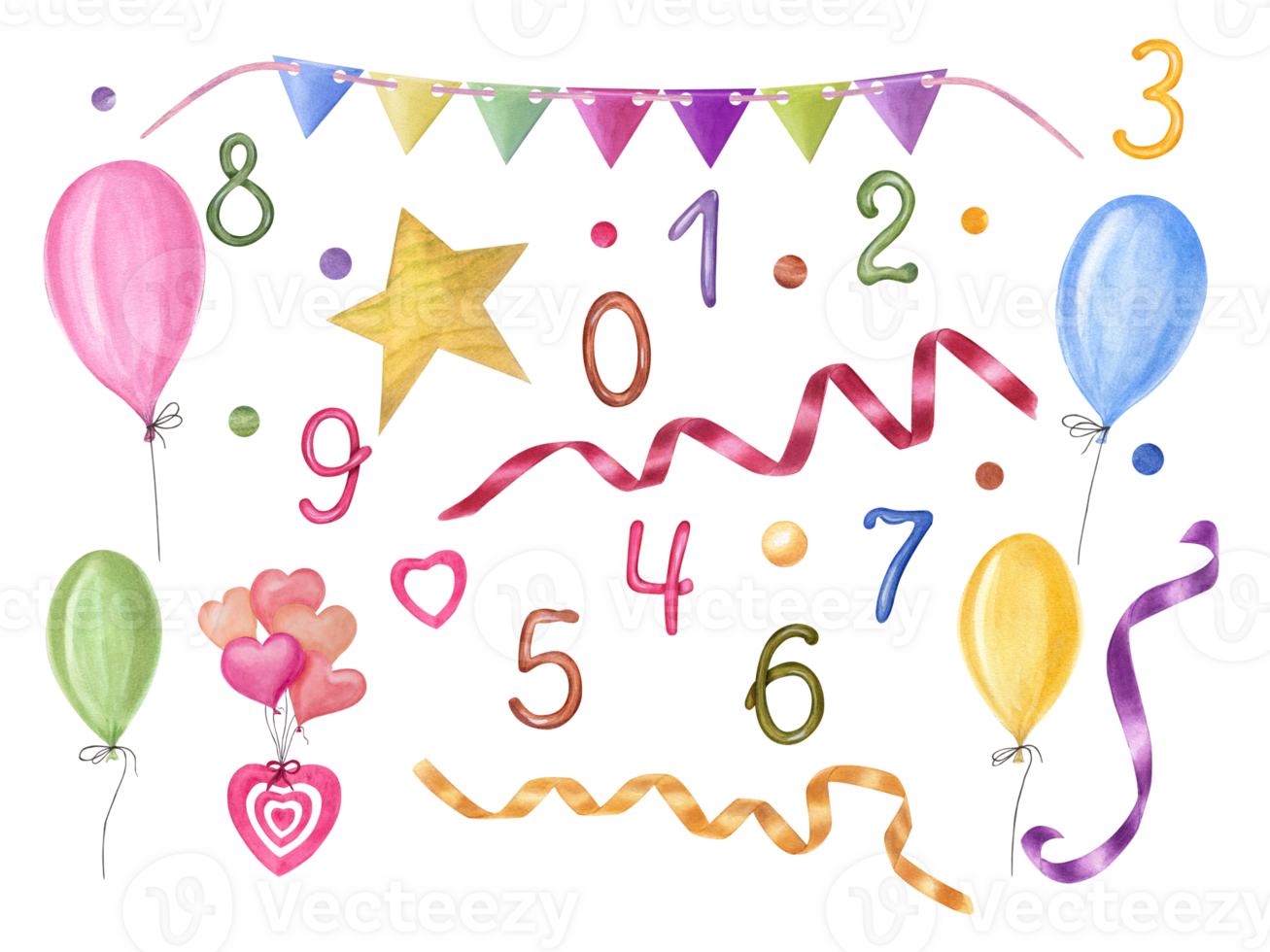 Congratulatory set for the holiday. Set of numbers from 0 to 9, ribbons, flag garlands, balloons, heart. Watercolor illustration. For greeting cards, invitation, party design png