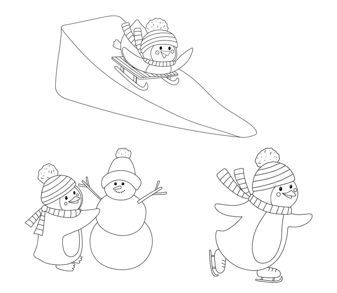 Outline Penguin in hat and scarf make snowman. Cute penguin isolated on white background. Childish vector character for coloring page