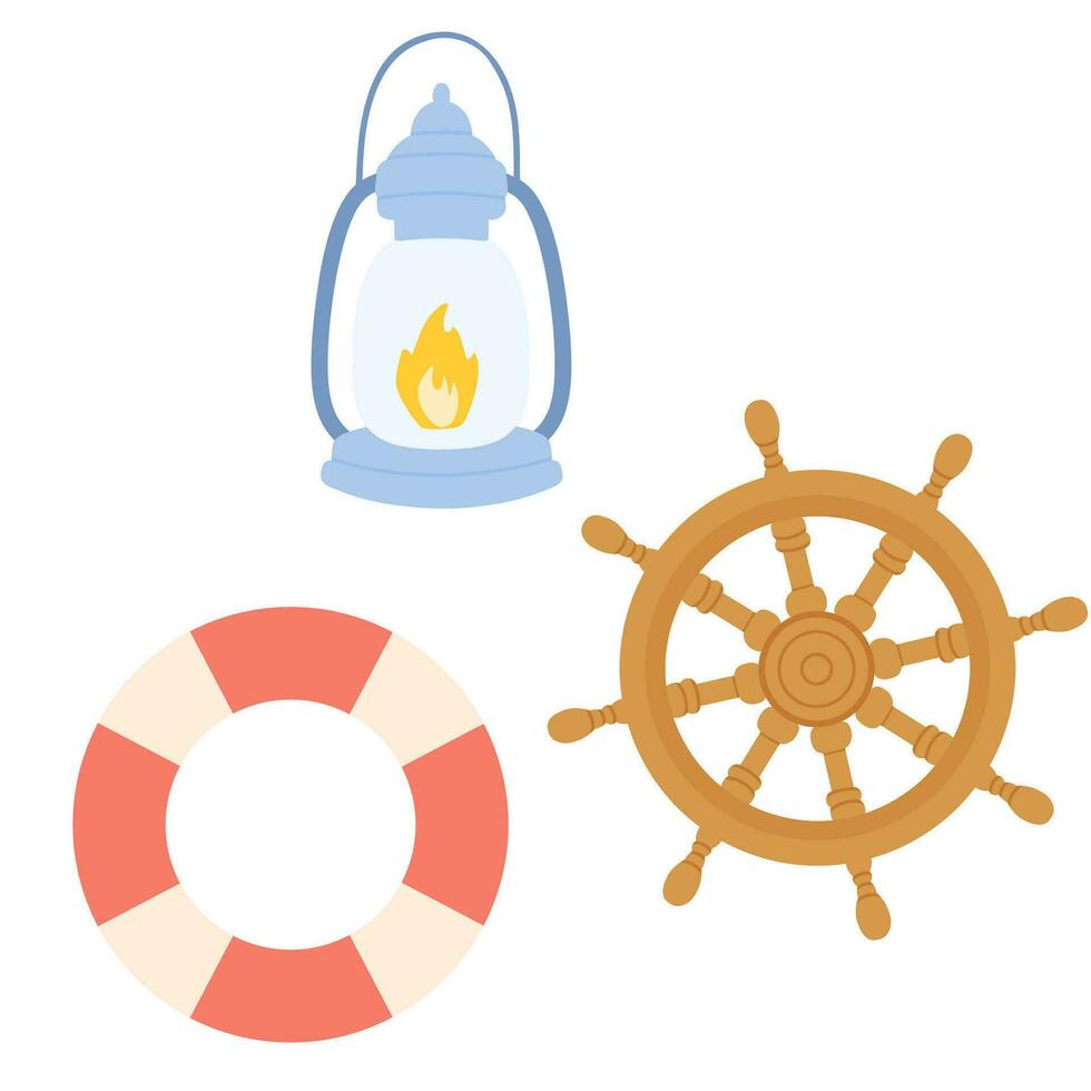 Ship steering wheel, lamp and lifebuoy. Nautical elements set. Vintage marine objects. Flat cartoon vector illustration