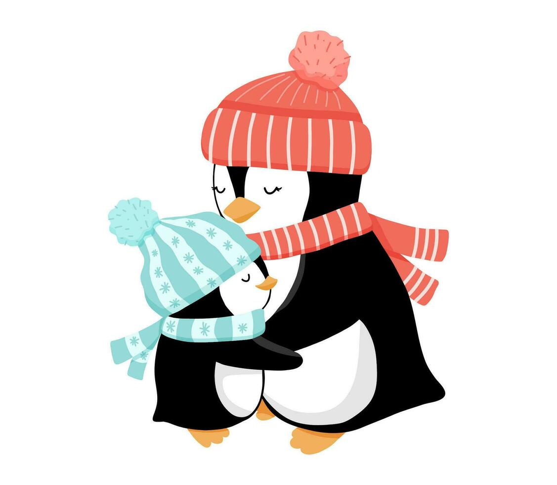 Mother Penguin in red hat hugs child in winter blue scarf. Vector illustration isolated on white background for greeting cards, baby posters