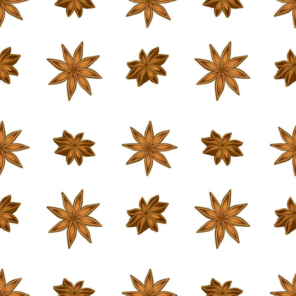 Seamless pattern with vector stars of anise on white background. Spicy seasoning for kitchen.