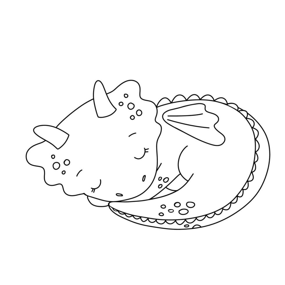 Cute sleeping dragon with flower isolated on white background. Outline vector cartoon character for coloring page. Childish line illustration