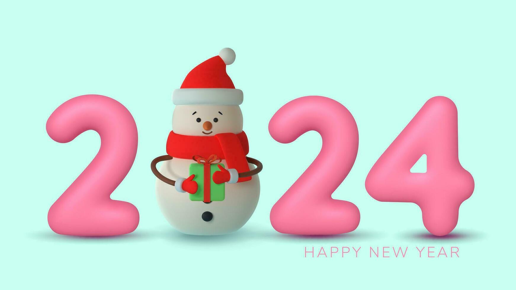 Happy New Year. Christmas snowman with pink 2024 numbers made of plastic. Realistic 3d render. Vector illustration