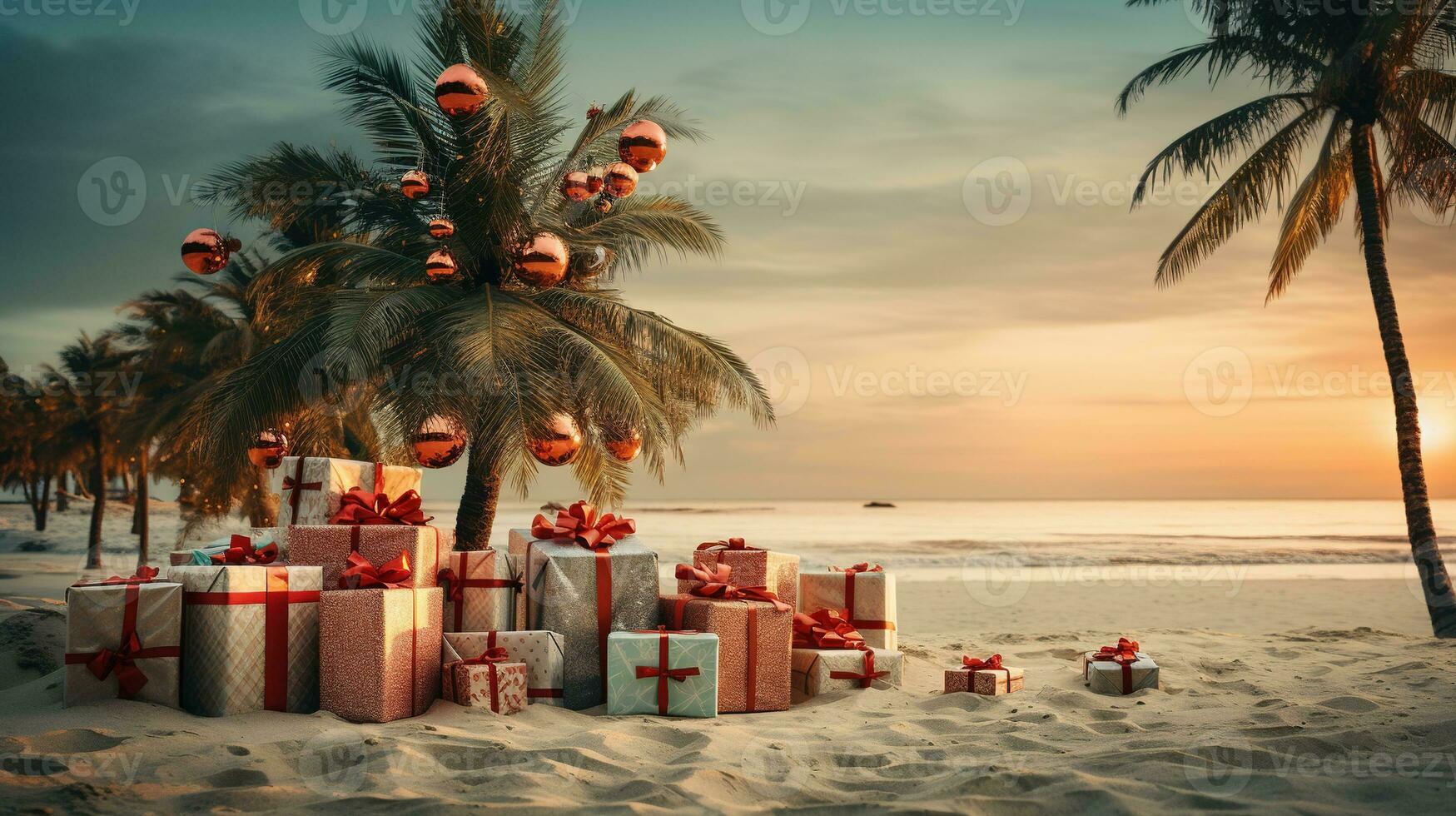 AI generated Generative AI, Christmas on the beach. Gifts, Christmas tree, palm, ocean and chairs. Vacation concept photo