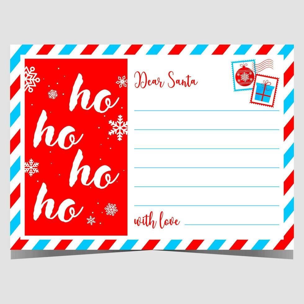 Navidad carta, deseo lista o tarjeta postal para Papa Noel claus en clásico correo aéreo sobre estilo y letras Ho Ho Ho en rojo antecedentes. vacío modelo a llenar fuera con un texto y enviar eso a Papa Noel. vector