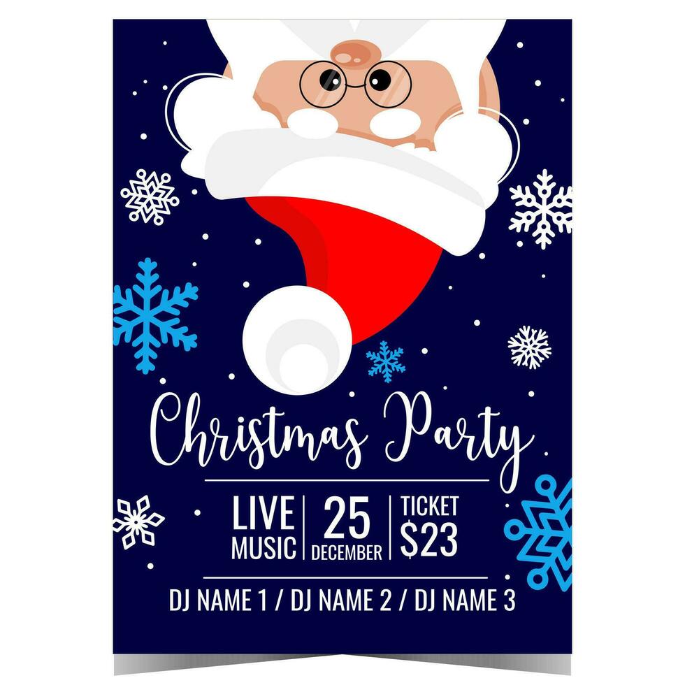 Christmas party poster or banner with funny Santa Claus hanging upside down and inviting to celebrate winter holidays in festive and cheerful ambiance. Vector illustration in flat style.