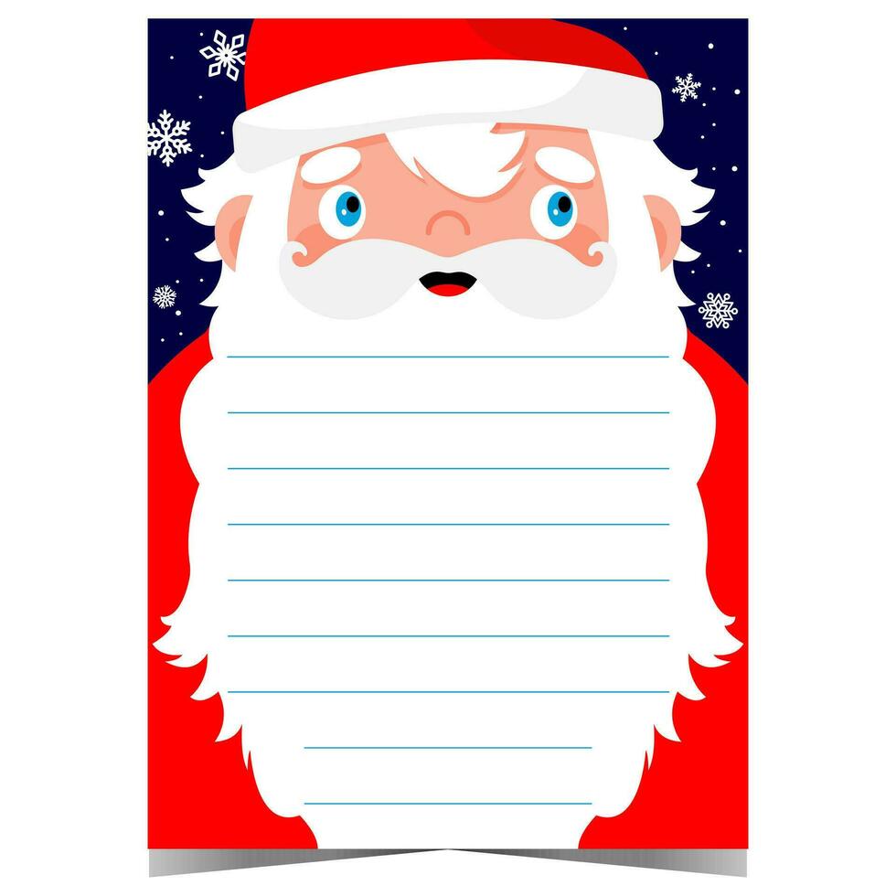 Navidad deseo lista o letra a Papa Noel blanco modelo con dibujos animados Papa Noel claus con grande blanco barba y copos de nieve. vacío tarjeta postal para niños a escribir el mensaje durante el magia de el vacaciones. vector