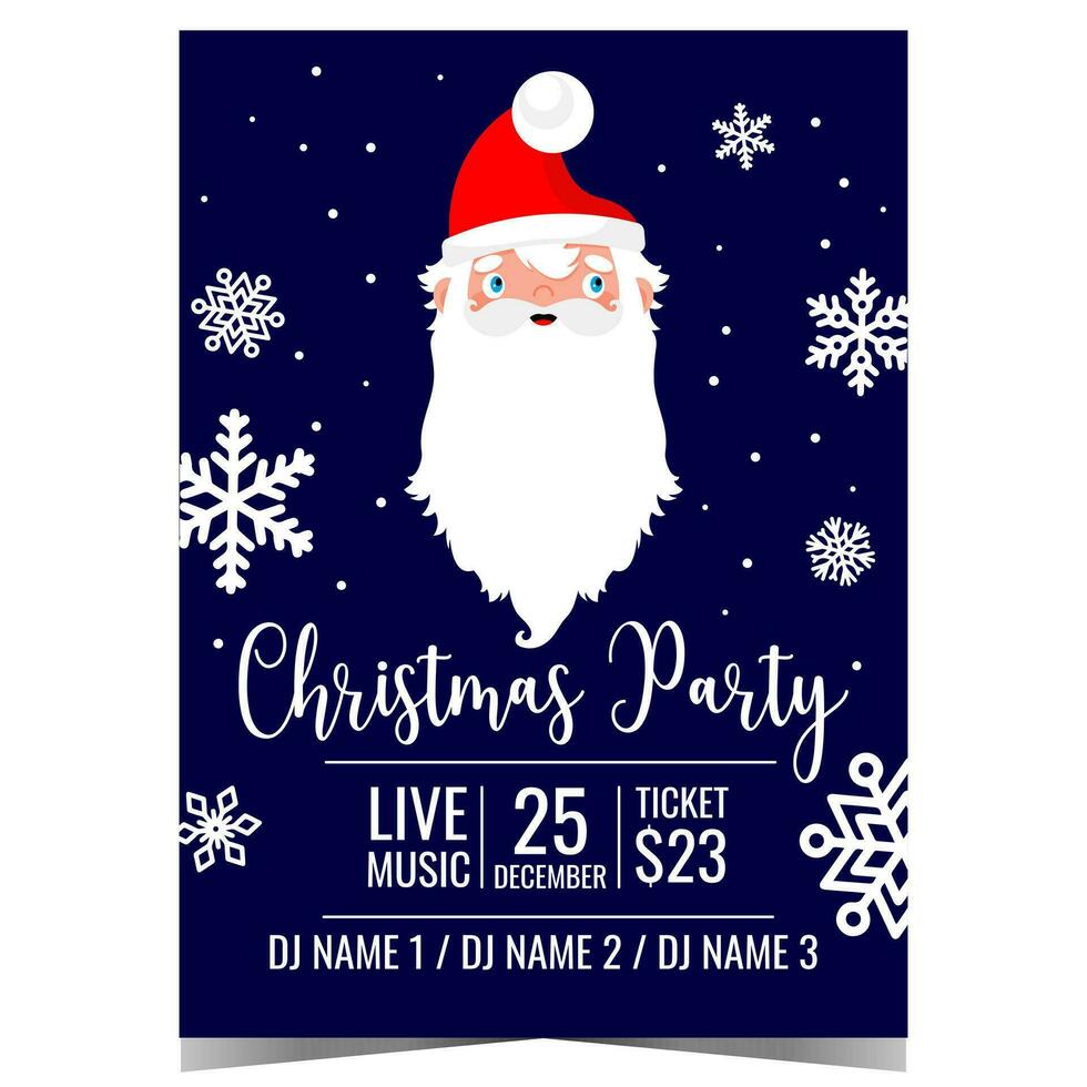 Christmas party invitation poster or banner with funny cartoon Santa Claus and snowflakes on blue background. Invite to celebrate Christmas Eve and winter holidays in festive and cheerful ambiance. vector