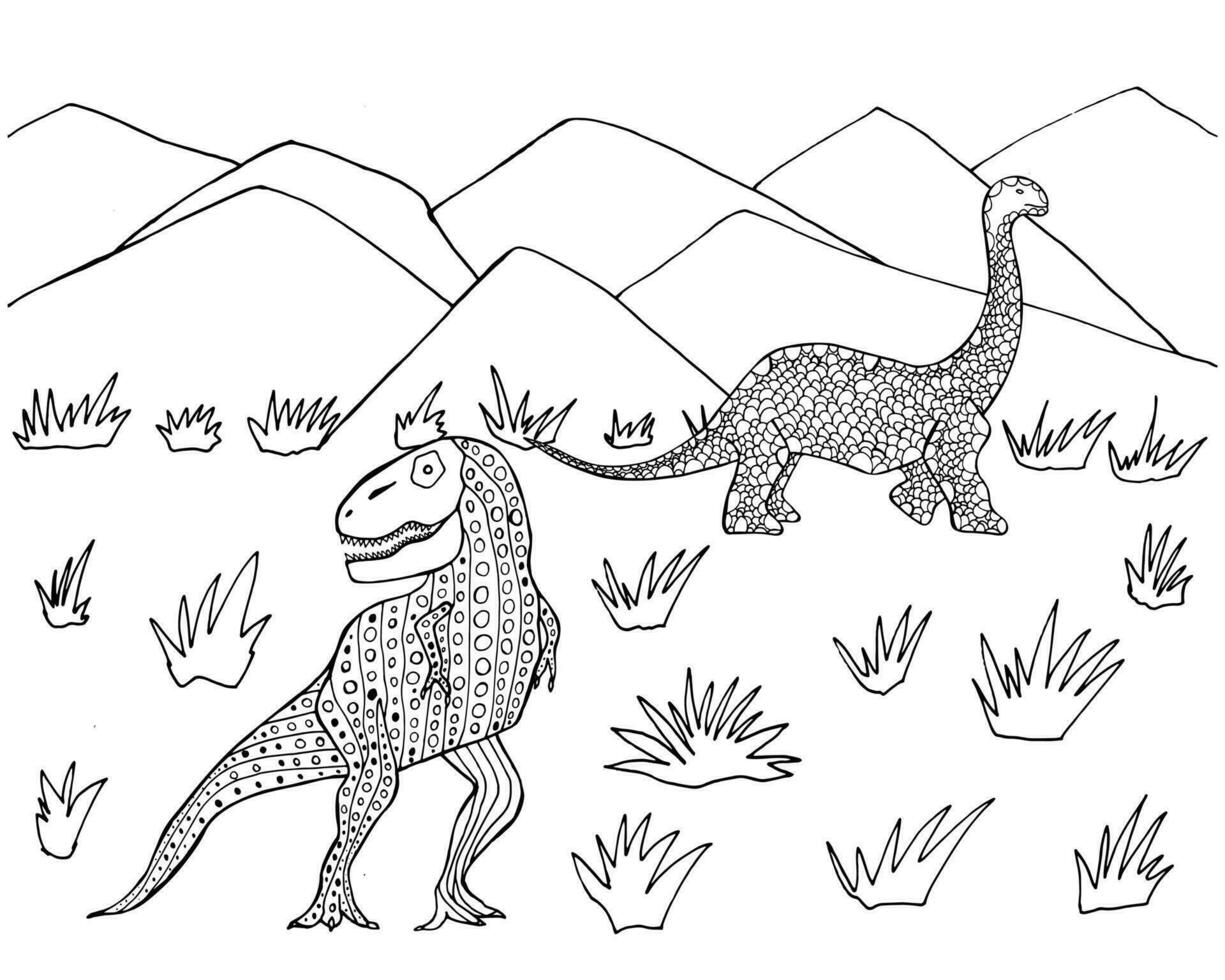 Diplodocus and tyrannosaurus in mountains. Coloring page with dinosaurs and mountains landscape. Cute coloring book for children and adults. Fantastic ornaments. vector