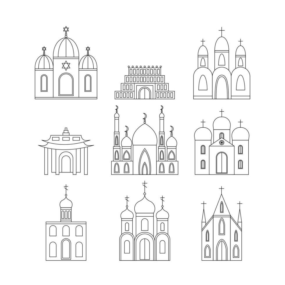 Religious buildings set line art. Vector set of different relirious temples.