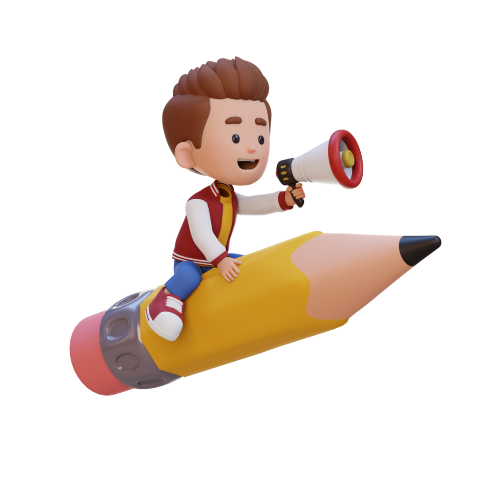 3D kid character riding a pencil and holding megaphone png