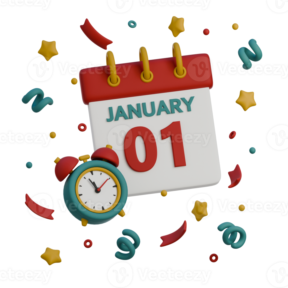 3d icoon van nieuw jaar kalender met klok png