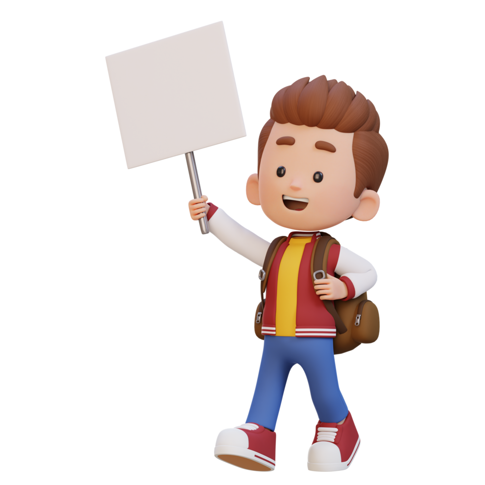 3D kid character holding a blank placard png