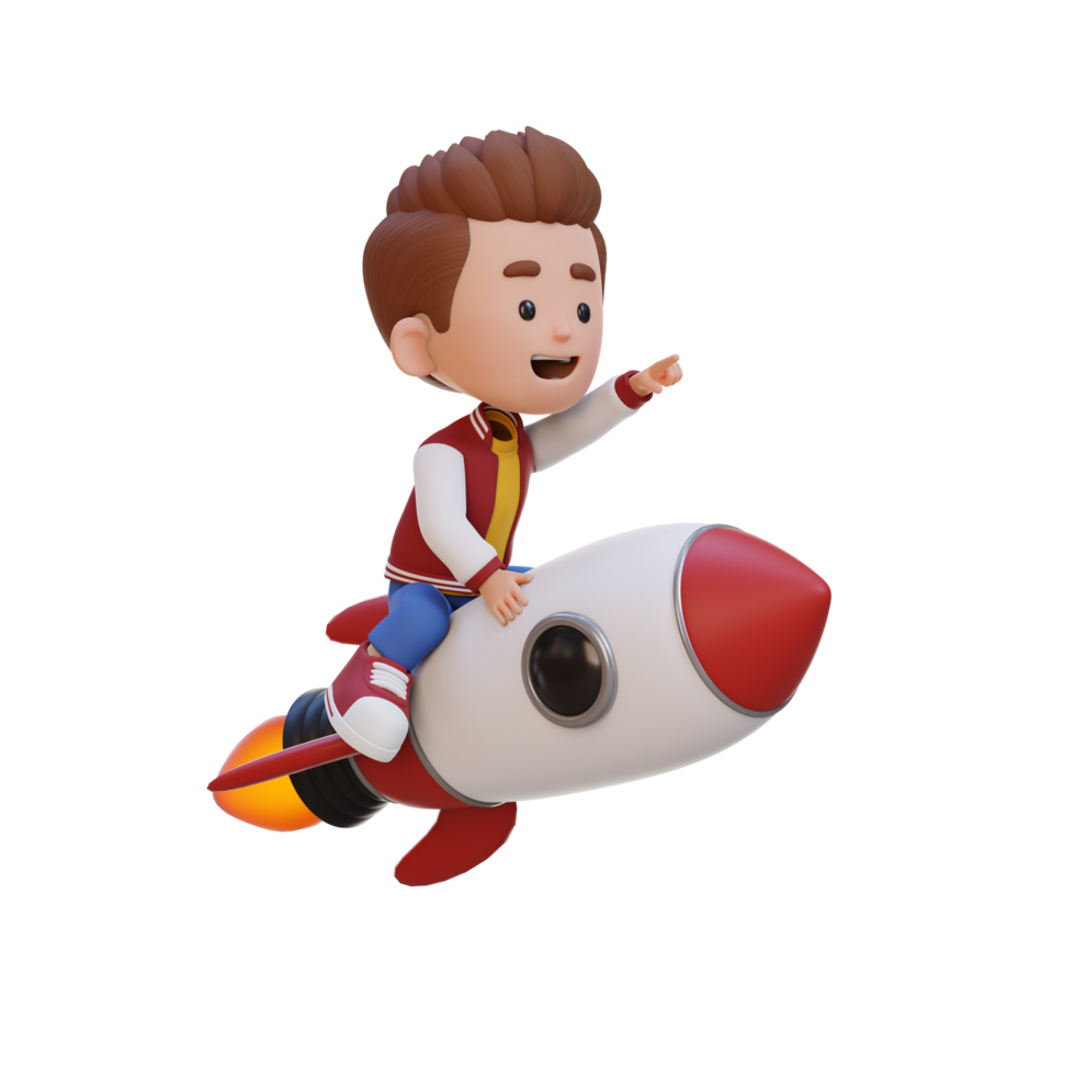 3D kid character riding a rocket and pointing hand png