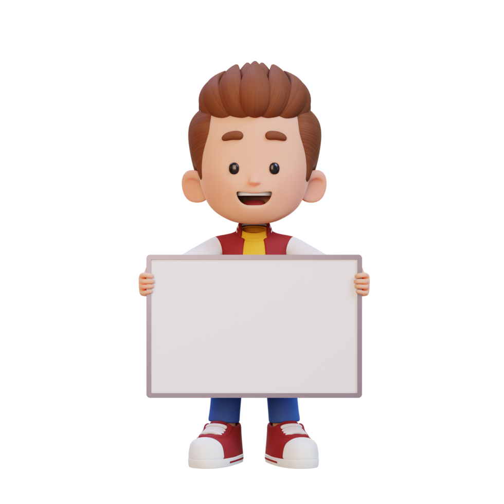 3D kid character holding a blank placard png