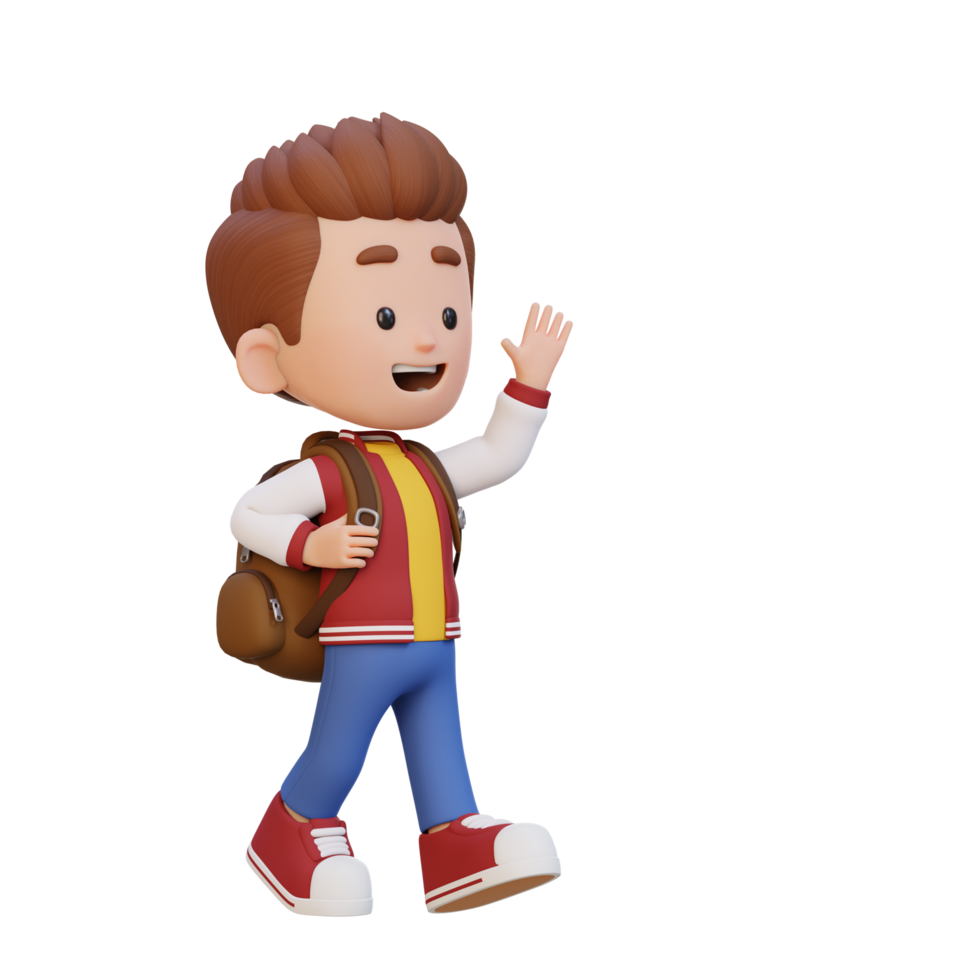 3D happy kid character walking and waving hand png