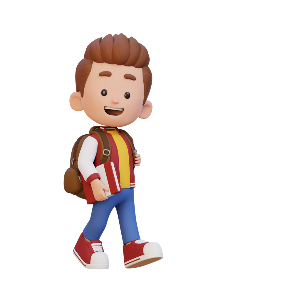 3D happy kid character walking go to school holding book png