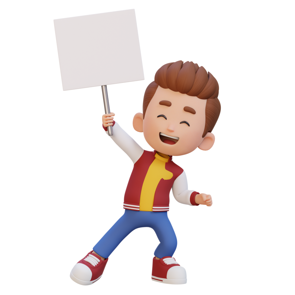 3D kid character holding a blank placard png