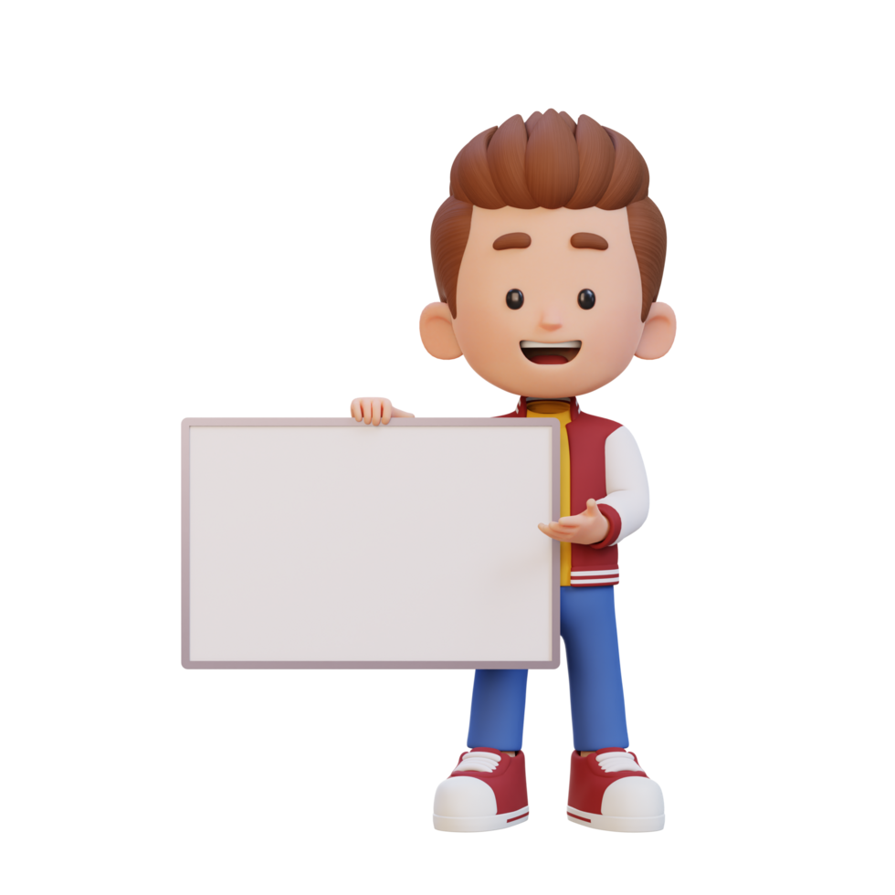 3D kid character holding a blank placard png