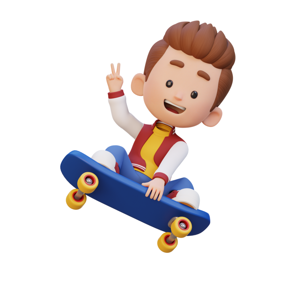 3D kid character ride skateboard png