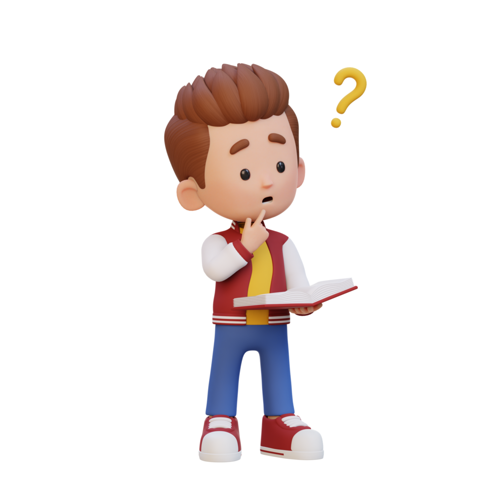 3D kid character get confused when reading a book png