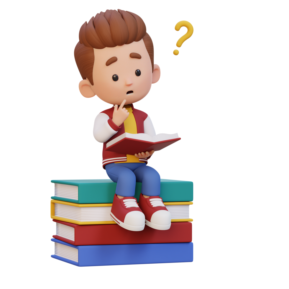 3d niño personaje obtener confuso cuando leyendo un libro png