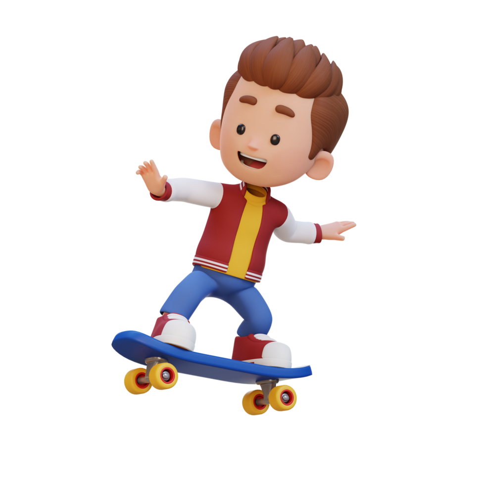 3D kid character ride skateboard png