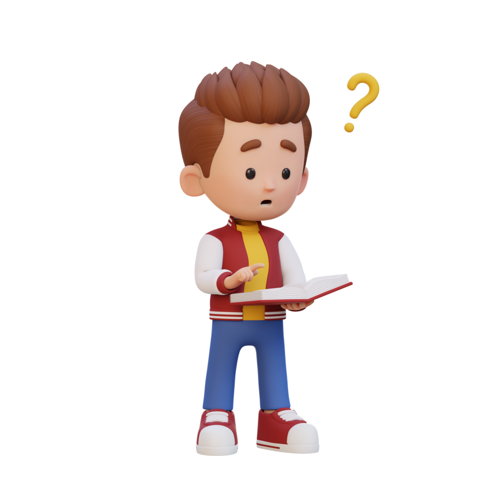 3D kid character get confused when reading a book png