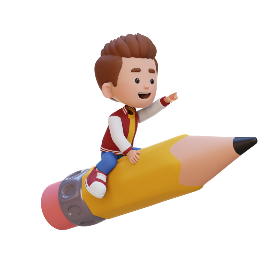 3D kid character riding a pencil and pointing hand png