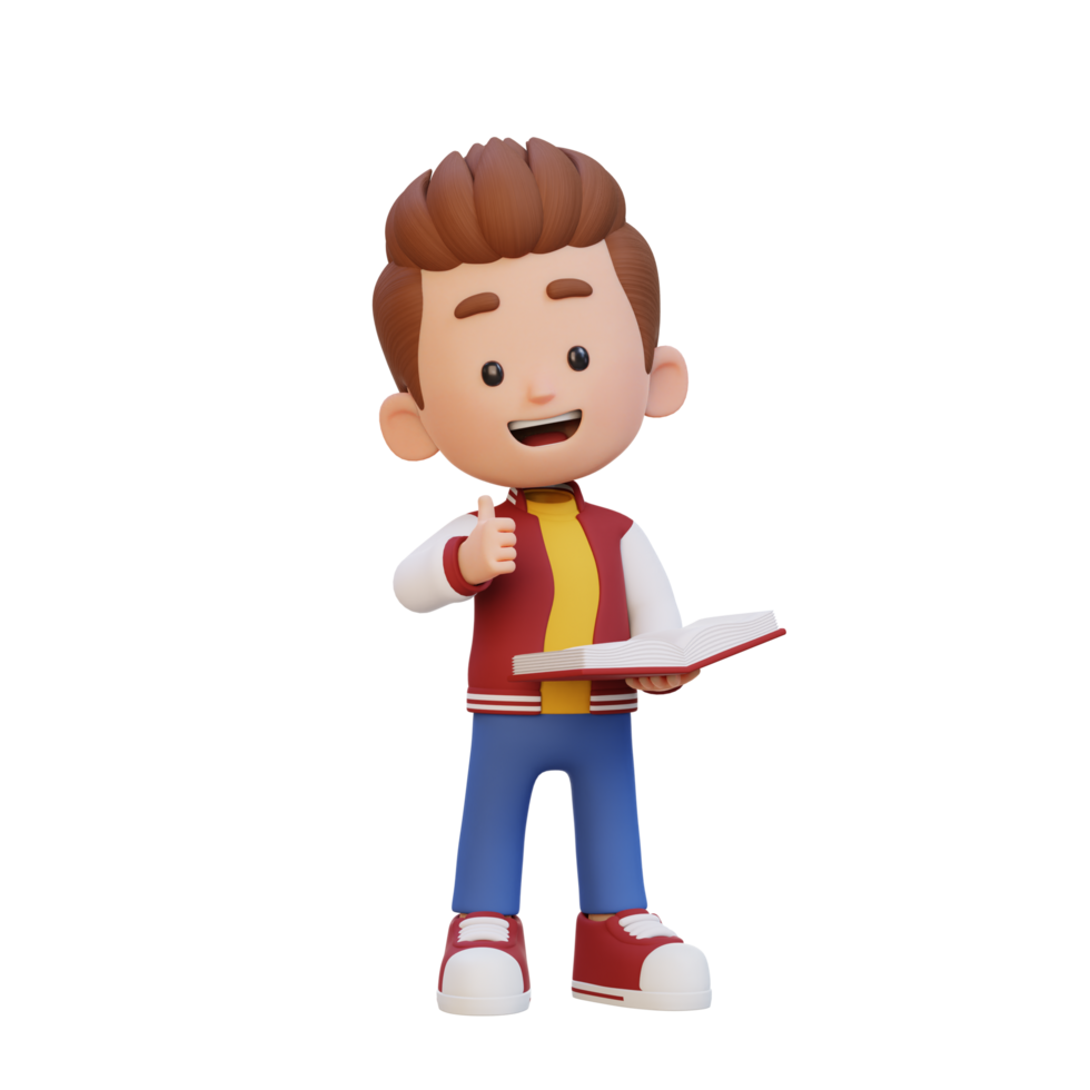 3D happy kid character reading book png