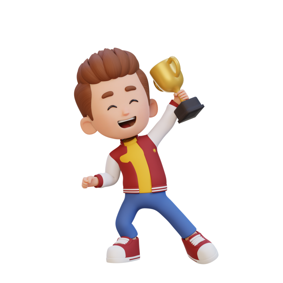 3D kid character celebrating win holding a trophy png